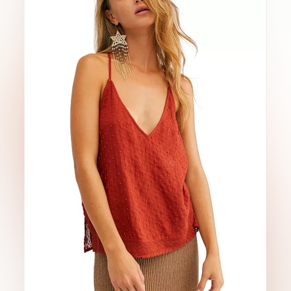 Free People Bright Lights Camisole Red Orange Beaded Lace Top Size Small - Picture 1 of 16